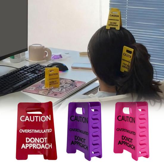 1/2Pcs Overstimulated Warning Sign Hair Claw Strong Grip Thick Hair Funny Yellow Caution Hair