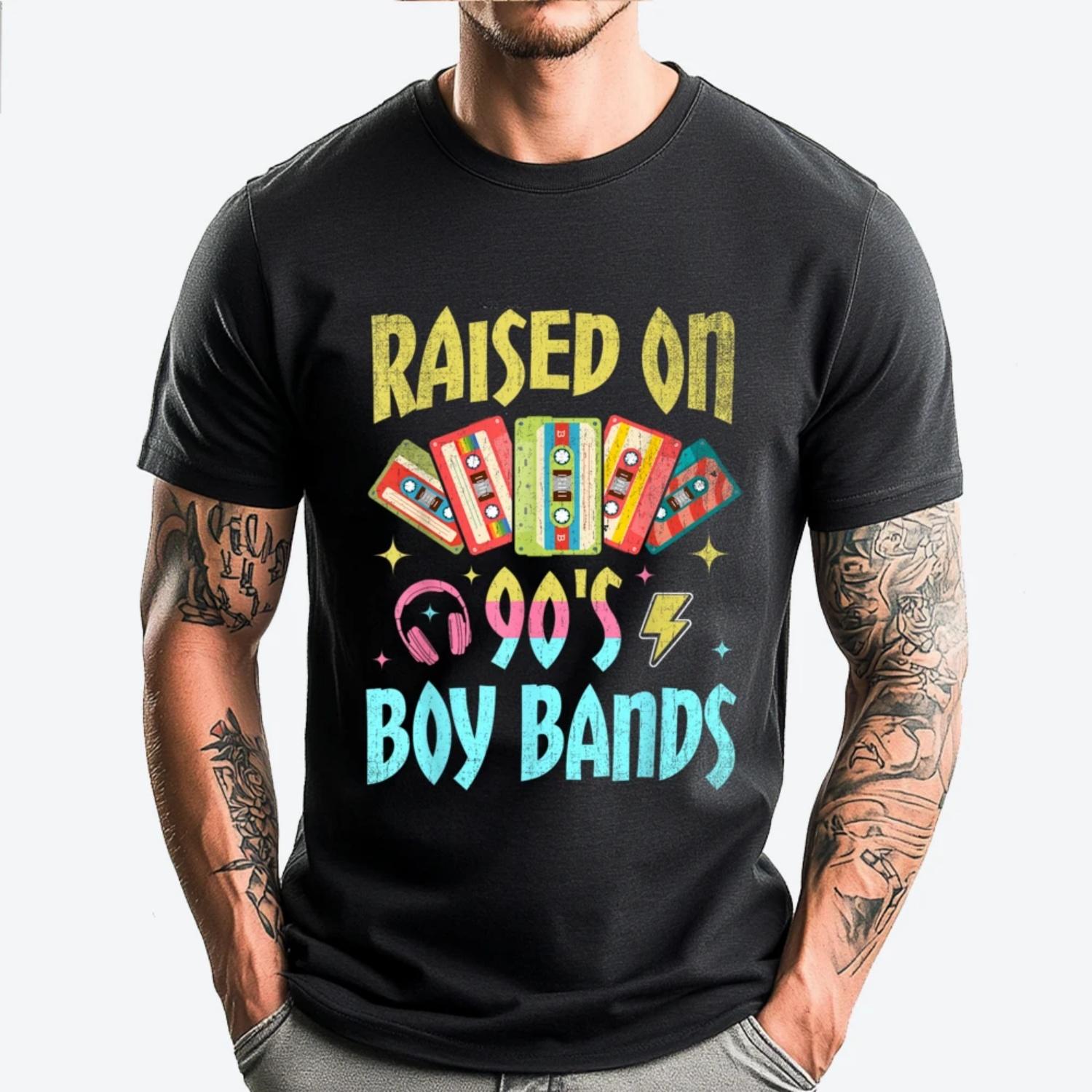 Raised On 90s Boy Bands Cassette Tape Graphic T Shirts 100% Cotton Christmas Shirt Easter Sunday S чёрный
