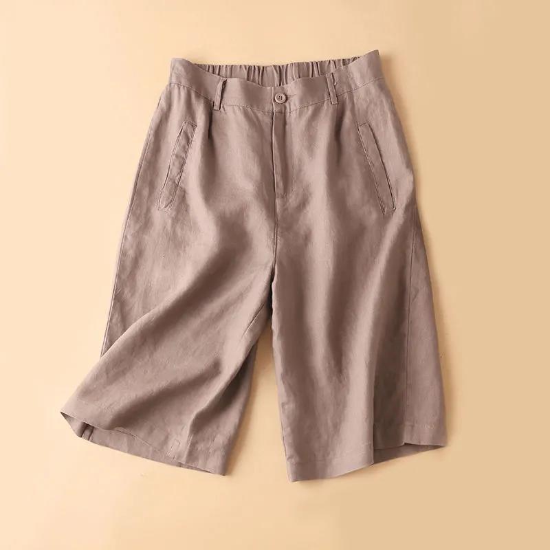 Women's Cotton Linen High Waist Wide-Leg Shorts - Summer Semi-Elastic Casual Five-Point Pants