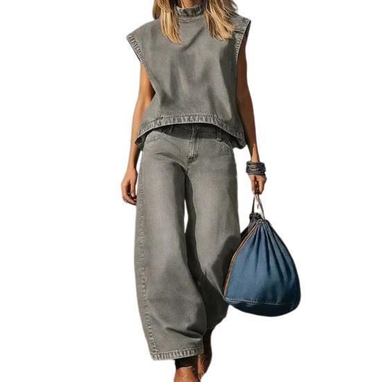 Summer 2 Piece Denim Set for Women Cap Sleeve Mock Neck Top And Wide Leg Pants Set Casual Loose Loungewear Outfit