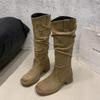 Pleated pile boots 2025 new thick heel knight boots fashion temperament but knee boots thick sole fashion boots tide