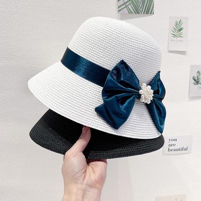 Chapeau de paille pour femme, élégant, rétro, haut-de-forme, pare-soleil, chapeau de soleil, chapeau seau à nœud tendance