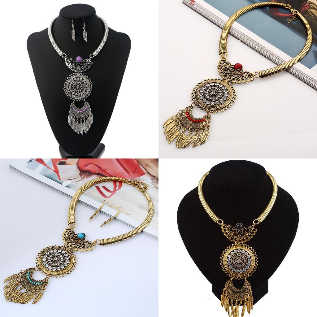 Vintage Geometric Alloy Necklace With Gemstone Leaf Tassel For Women