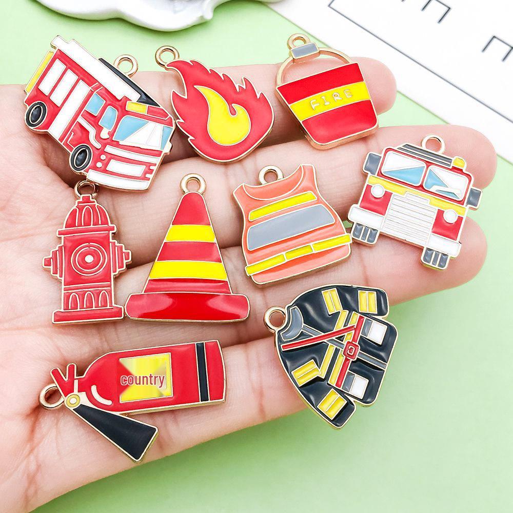 10-Color Enamel Fire Truck & Flame Pendant Charms for DIY Jewelry