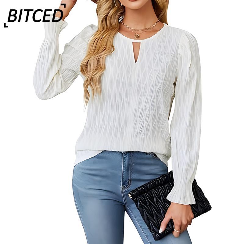 BITCED Women's Fashion Casual Solid Color Print O-Neck Long Sleeve Blouses & Shirts