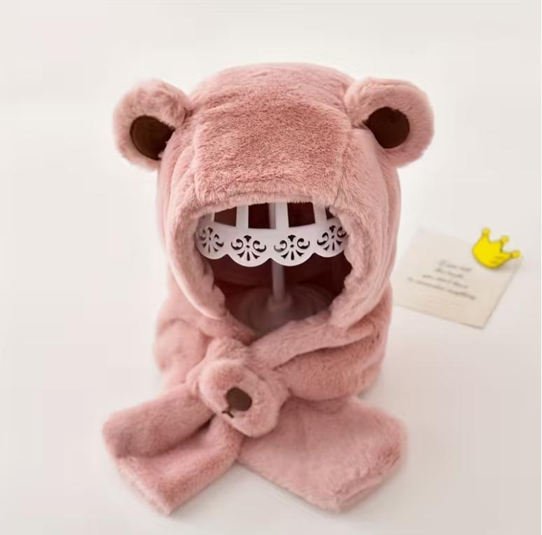 2-6Y Kids Cartoon Bear Hooded Hat and Scarf Combo - Thickened Warm Ear Protection for Skiing, Parties, Outdoor Activities розовый