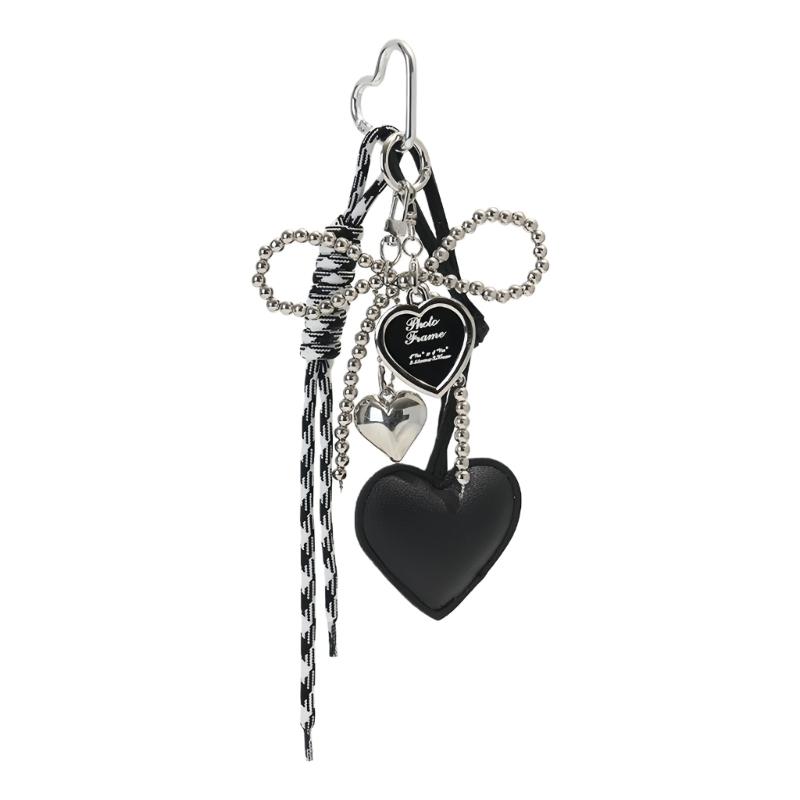 Gothic Silver Bead Bows Charm Heart Shaped Bag Accessory Fashion Bag Pendant Casual Keychain For Dark Style Lover