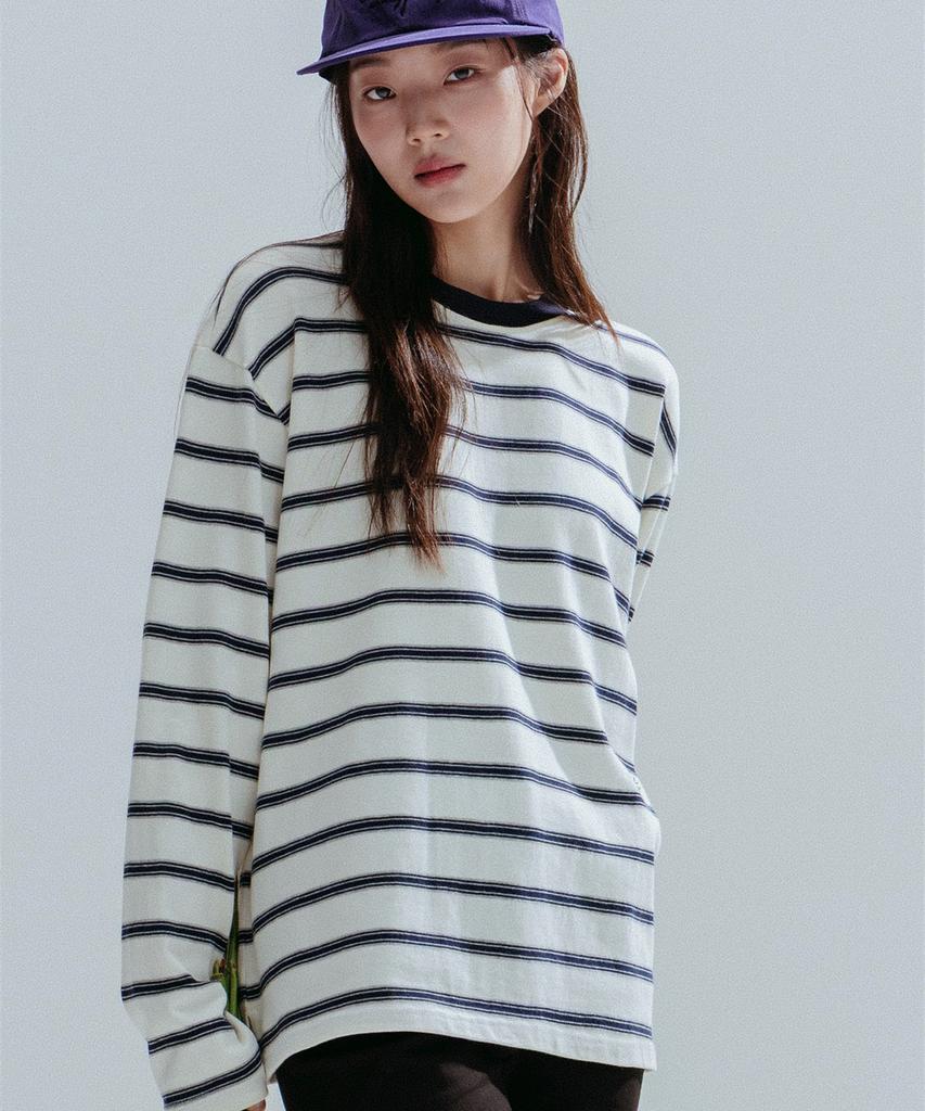 ANNEHEARTS Round Neck Stripe Tee_Ivory