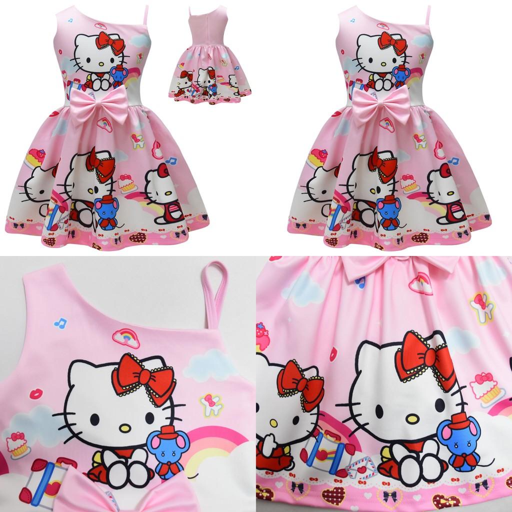 Ärmelloses Kleid mit Hello Kitty Cartoon-Print und Rüschendetails für das Frühlings-Verkleiden