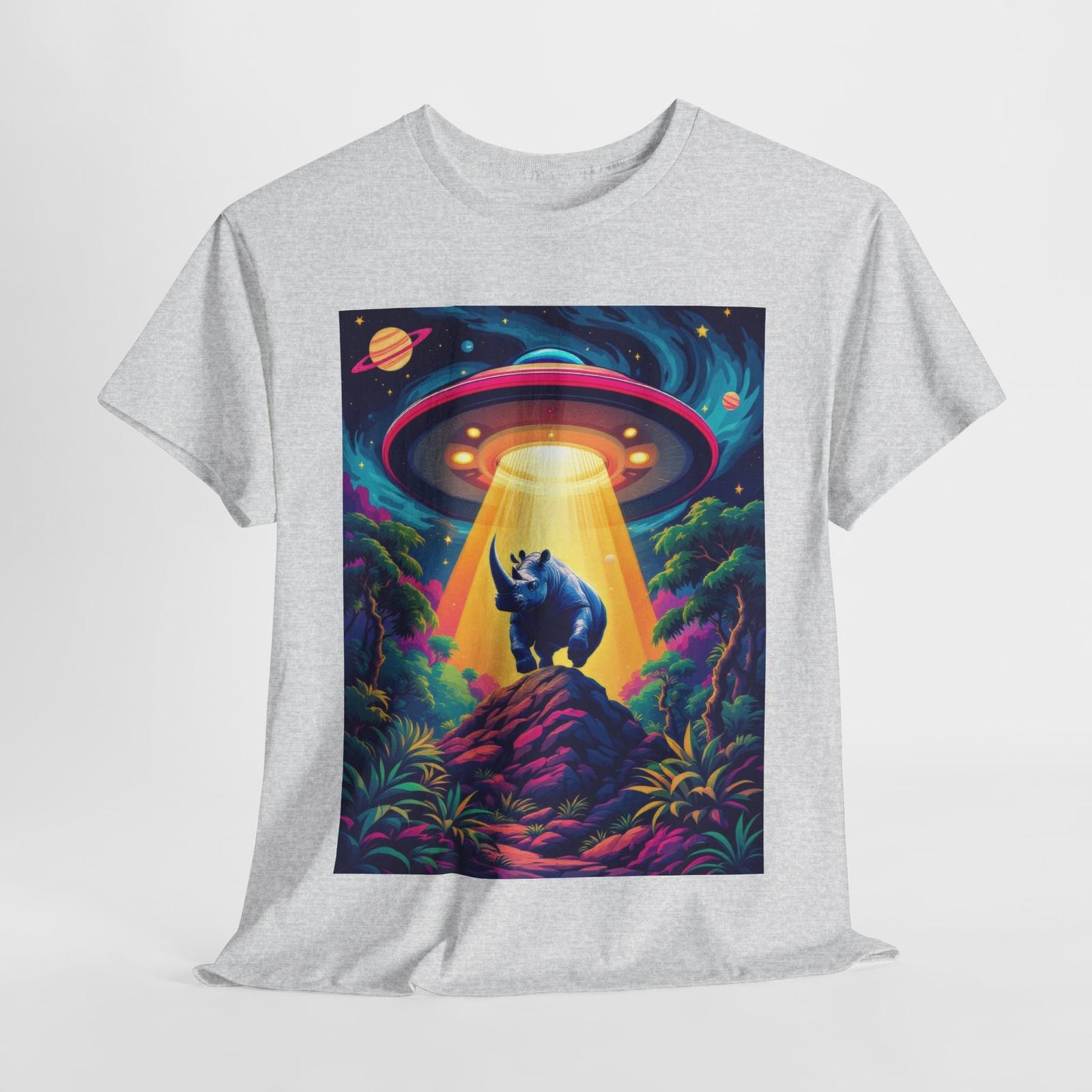 UFO Rhino Abduction Tee, Funny Sci-Fi Alien Shirt, Extraterrestrial Space Lover XL