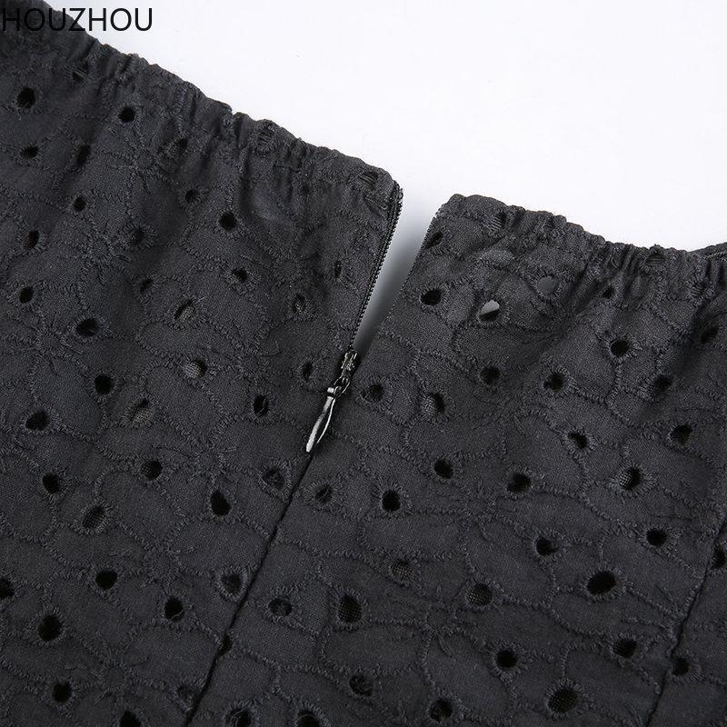 Hollow Black Dress Women V Neck Ruffles Pleated Dress Puff Sleeve Chic Black Summer Party Dress French Vintage Corset Ladies