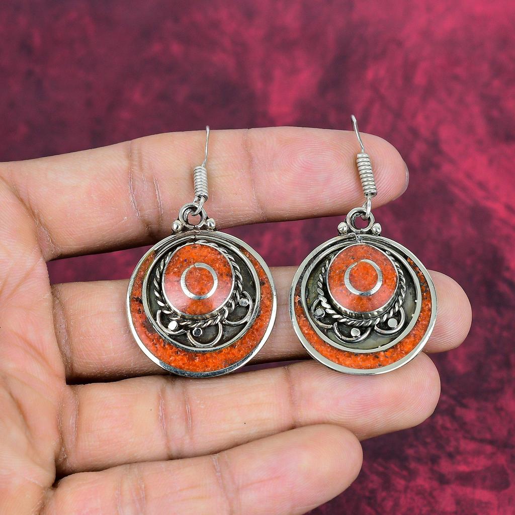 Red Coral Handmade Gemstone Nepali Earrings, 925 Solid Sterling Silver Earrings Antique Jewelry, For Engagement Gift