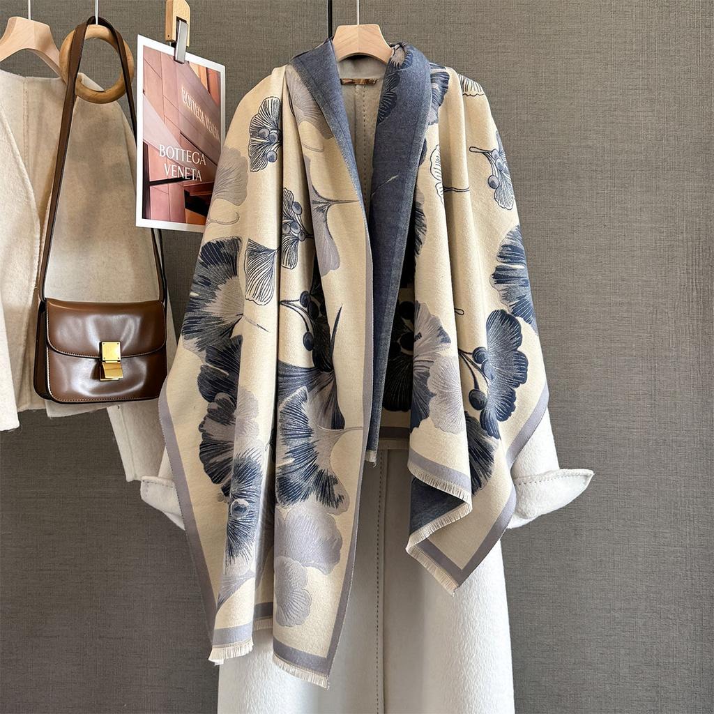 Autumn and Winter New Ginkgo Biloba Jacquard Imitation Cashmere Scarf Women's Thickened Warm Neck Protection with Dual-purpose Scarf
