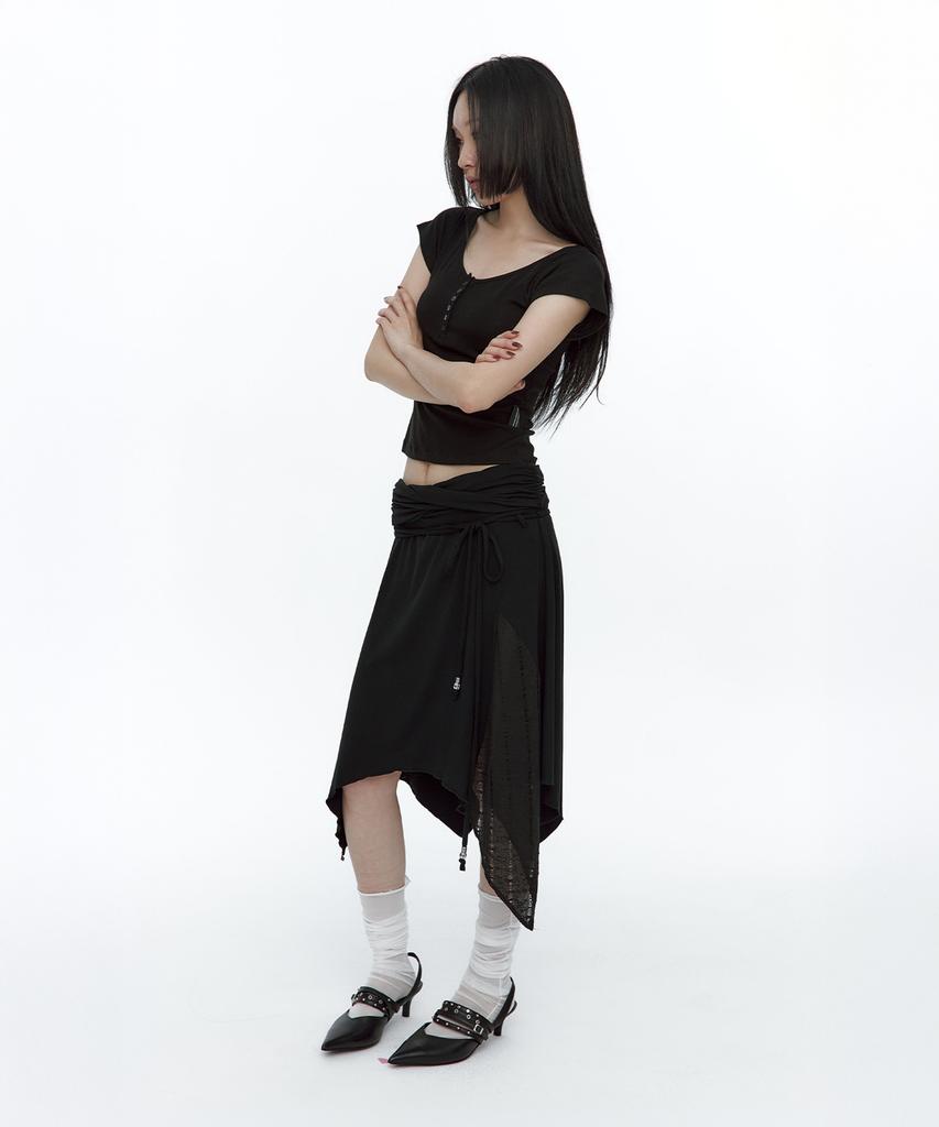 Rough Neck Knit Layer Drape Skirt Black