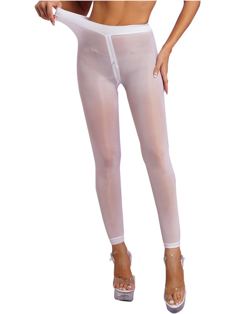 Womens Solid Color Skinny Leggings Glossy Sheer Tights Pantyhose Stretchy Zipper Crotch Tights Pants Stockings See-through