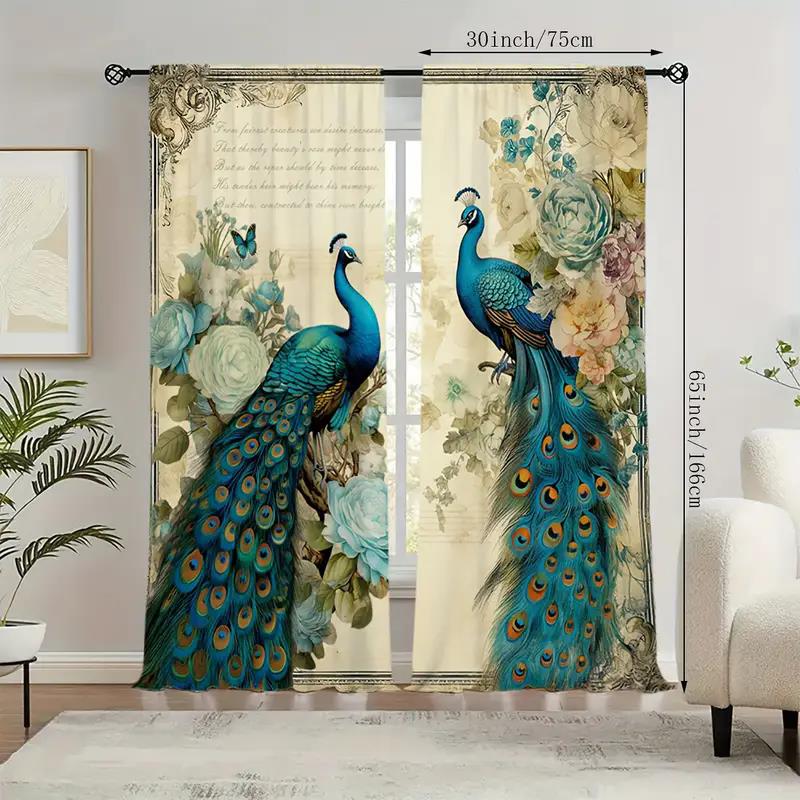 2 Pieces of Peacock Newspaper Printed Curtains, Pole Bag Bedroom and Living Room, Home Decoration, Room Decoration