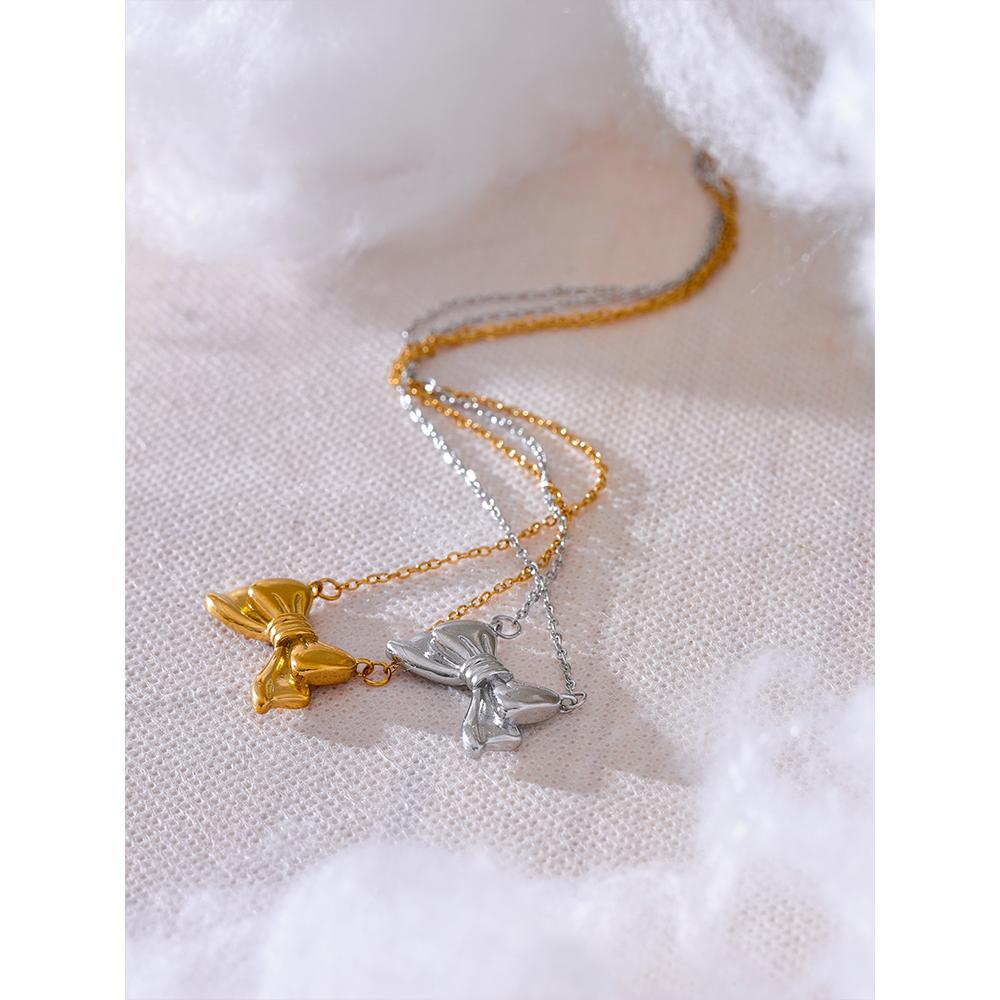 Yhpup Hot Style Metal Bowknot Bow Pendant Necklace Fashion Stainless Steel Water Resistant Attractive Trendy Jewelry Gift