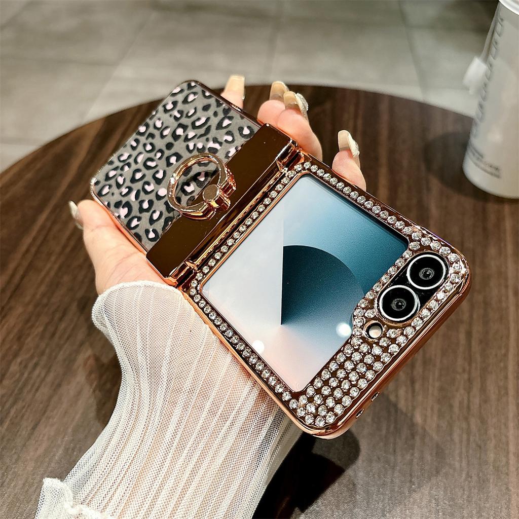 Pro Samsung Galaxy Z Flip7 FE 5G/Z Flip6 5G Pouzdro Leopardí Vzor Držák Prstenu Kamínkový Tvrdý PC Kryt na Telefon