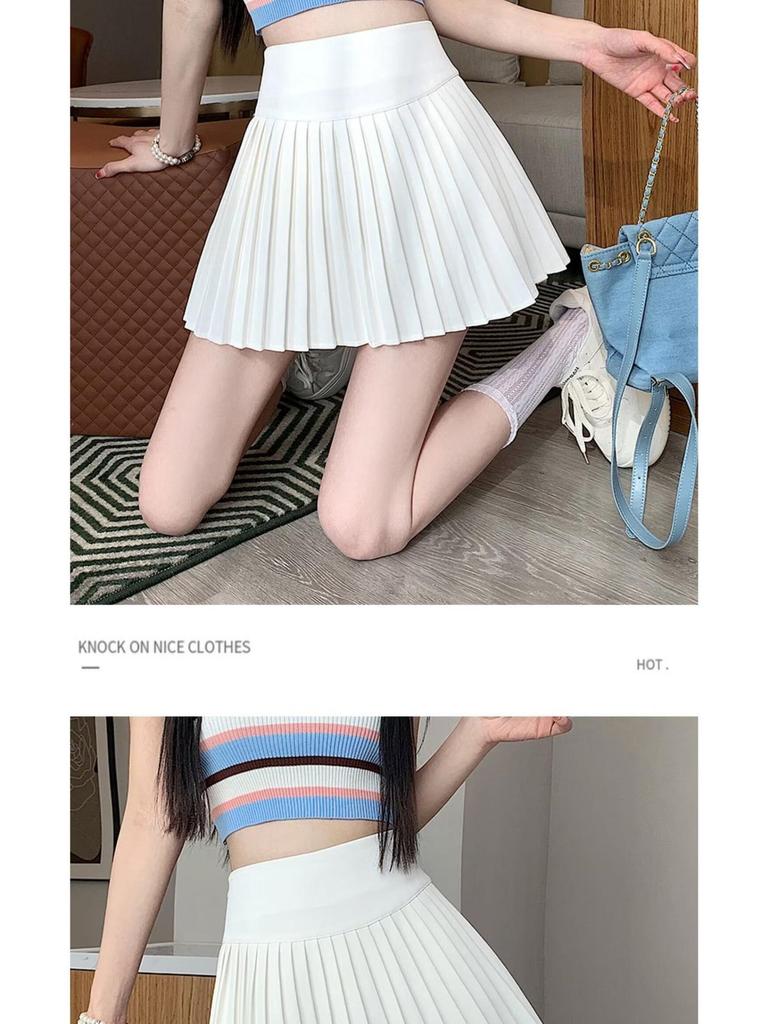 2024 Spring & Autumn White A-Line Pleated Skirt - Anti-Exposure, Short Length for Women