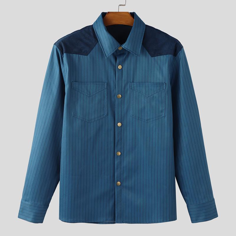 INCERUN S-5XL Men Lapel Neck Long Sleee Patchwork Striped Print Buttons Down Shirts