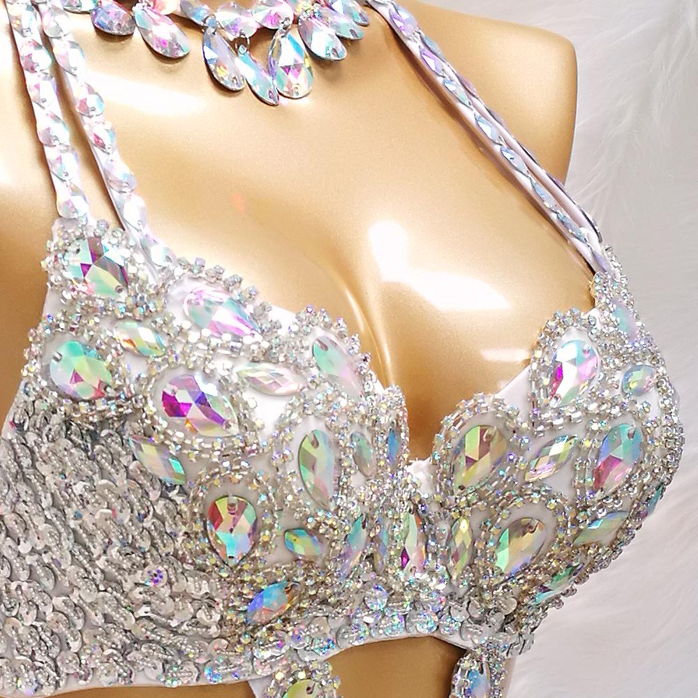 Hot Sale Women's Beaded Crystal Belly Dance Costume Wear Bra+Belt+Necklace 3pc Set Sexy Bellydancing Costumes Clothes
