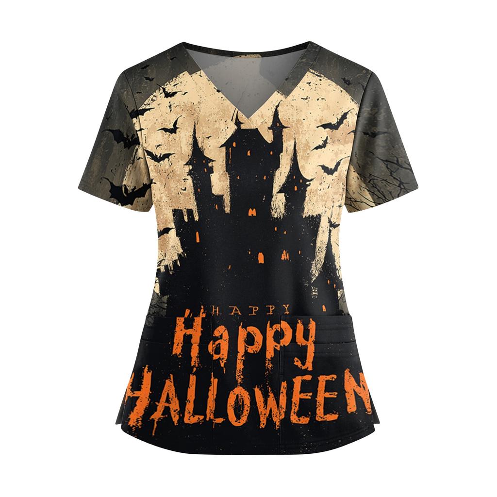 Haut d'uniforme d'infirmière à manches courtes et col en V avec imprimé Halloween, double poche et fentes latérales pour les professionnels de la santé
