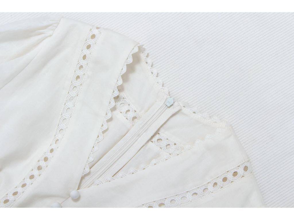 Hand-Crocheted Lace Trim V-Neck Lantern Sleeve Beach Dress - French Hollow Out Style