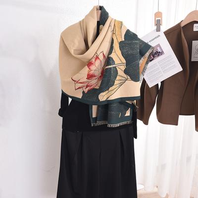 New Chinese Fashion Lotus Printing Temperament Hanfu with Shawl Autumn and Winter Retro Imitation Cashmere Warm Scarf