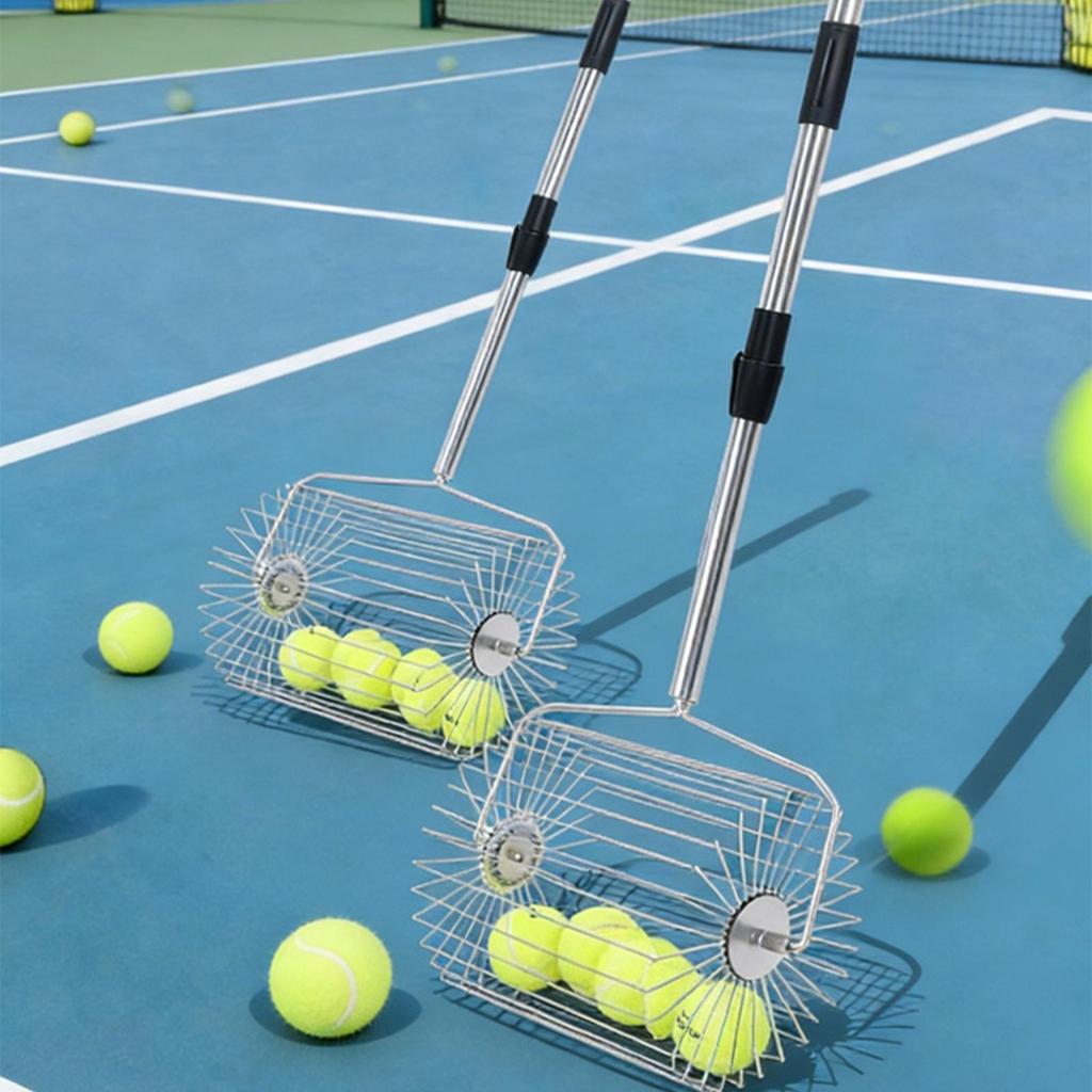 Height Adjustable Tennis Ball Retriever Rolling Design Basket Tool Stainless