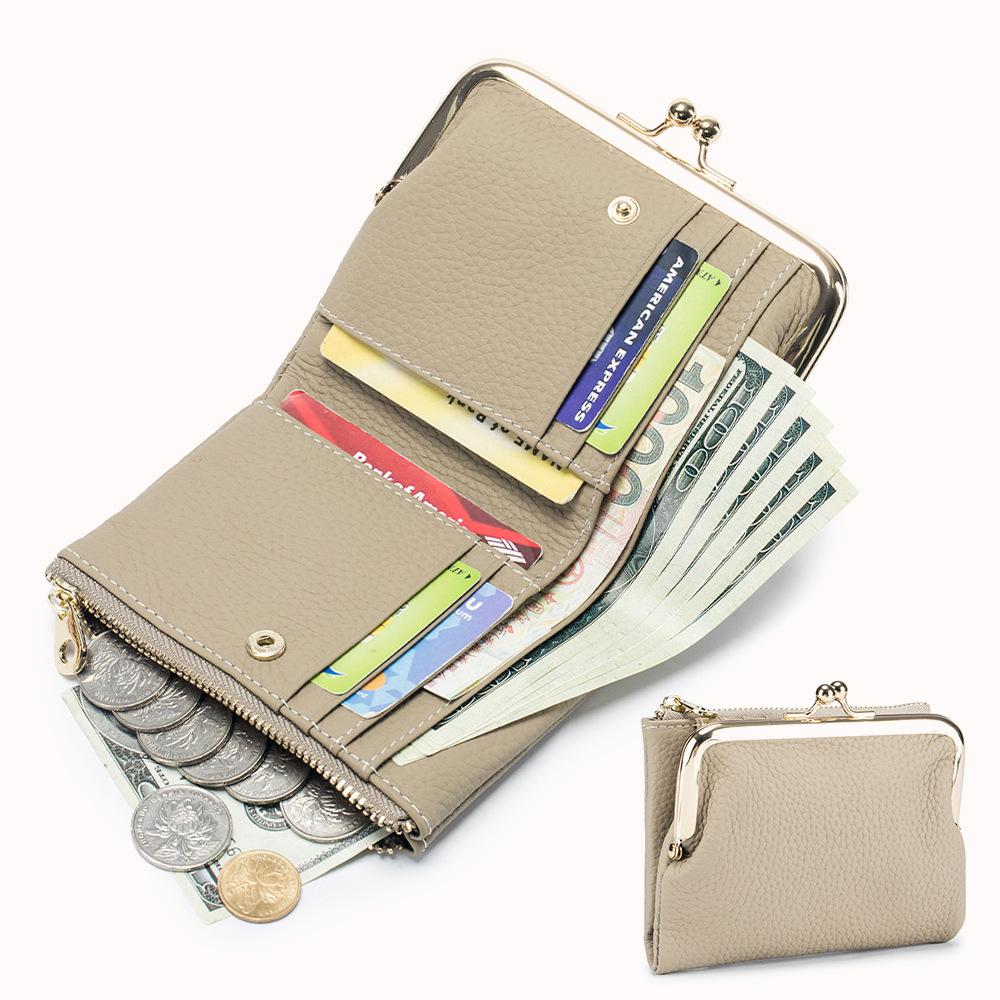 Womens Kiss Lock Wallet Small Genuine Leather Kiss Clasp Coin Purse Card Holder Bifold Clutch Wallet for Women with Metal Frame
