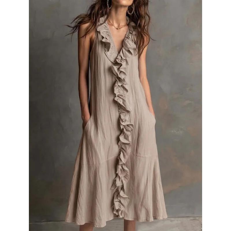 Women's Spring Summer Cotton Linen Midi Dress Sleeveless V Neck Ruffle Trim Loose A-Line Big Swing Casual Dress with Pockets for Vacation Daily Wear