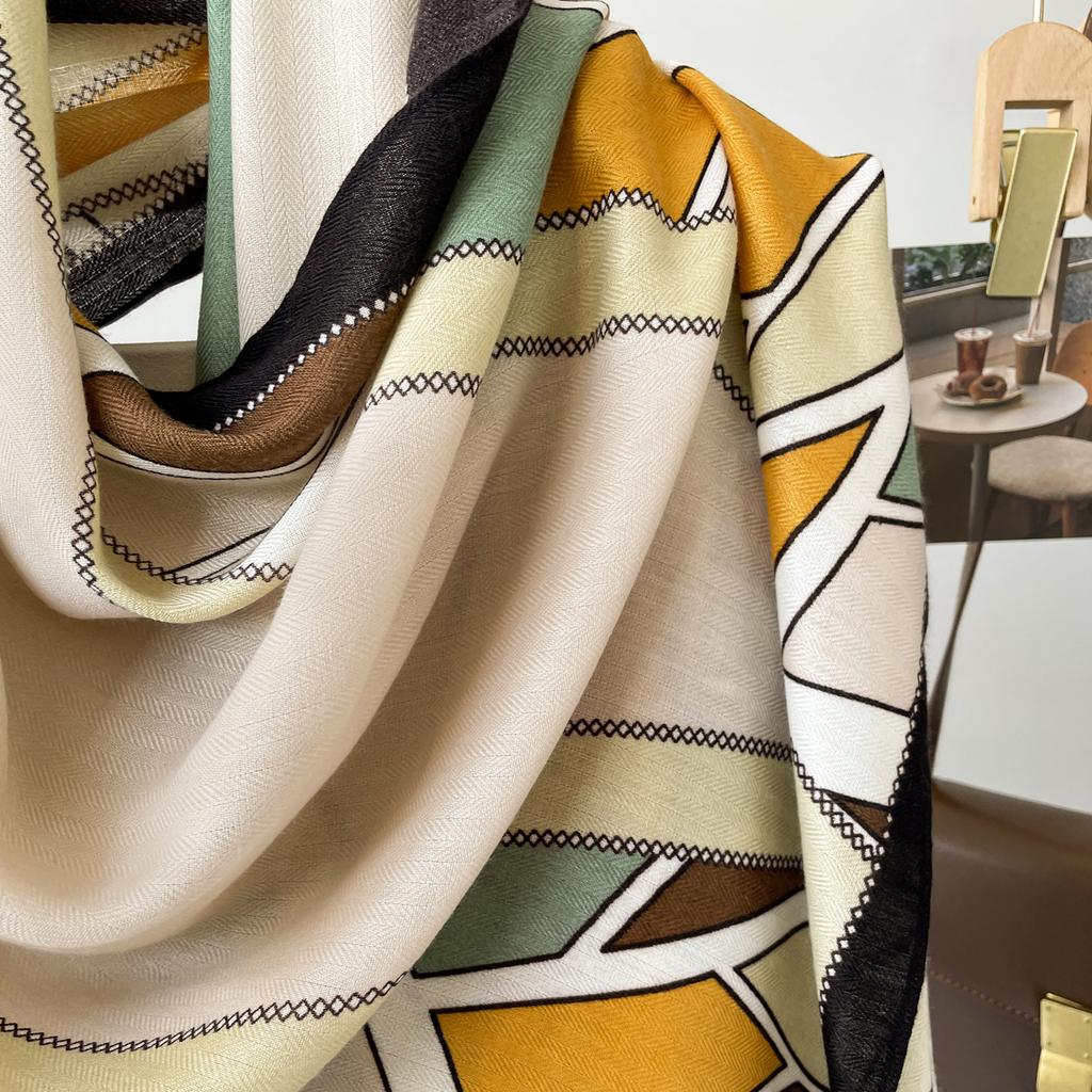 Autumn New High End Touching Word Pattern Silk Scarf for Women Lake Color Geometric Printing Imitation Silk Satin Shawl