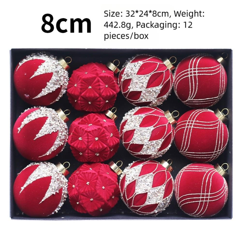 Set of 12 Christmas Ball Ornaments 8CM Diameter with Glitter and Flocked Design for Tree Decoration and Seasonal Use