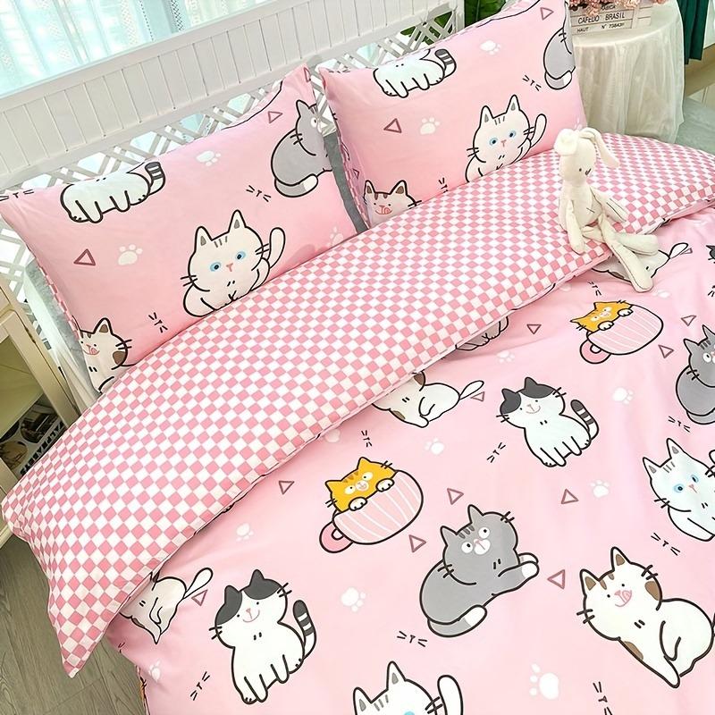 Kawaii Cartoon Cat Duvet Cover Set Pink Checkerboard Reversible Design Kitten Quilt Pillowcase Bedding For Teen Girls Bedroom
