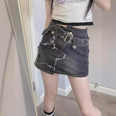 Y2K Hot Girl Skort din Denim Negru: Stil Subcultural Anti-Expunere cu Tiv Neregulat