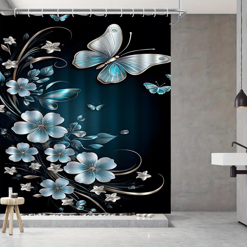 Luxury Butterfly Shower Curtain Blue Floral Design Black Background Waterproof Bath Decor Stylish Home Bathroom Accessories
