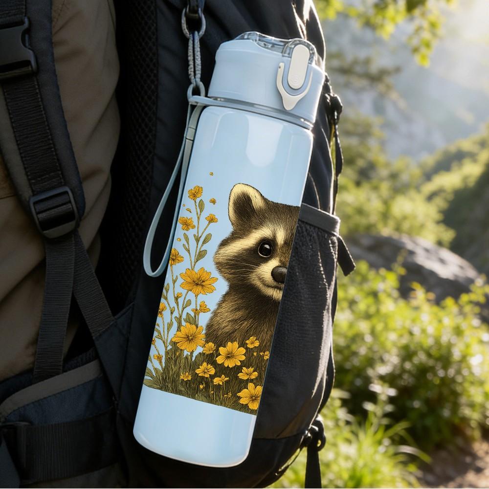 1PC Floral Sunflower Raccoon 750ml Color Plastic Sports Water Bottle Leakproof Flip Straw Lid Suitable for Sports Office Home Use
