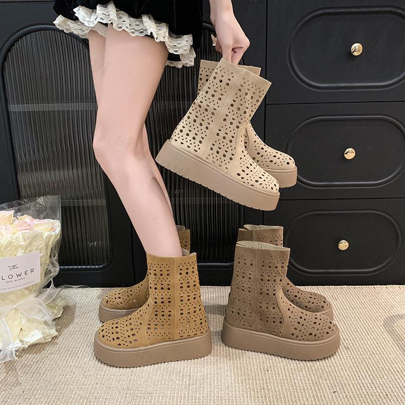 Women Short Boots 2026 New Summer Suede Vintage Hollow Out Women Ankle Boots Anti-slip Fashion Breathable Platform Female Boots
