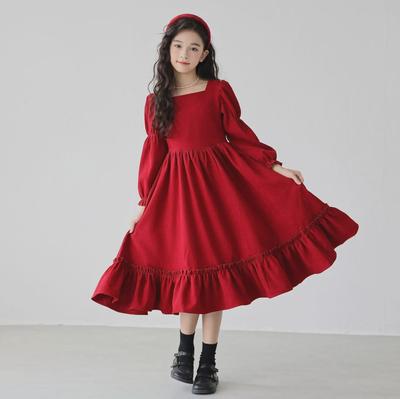 Girls' Red Long-Sleeved Square Collar Princess Dress for Spring and Autumn