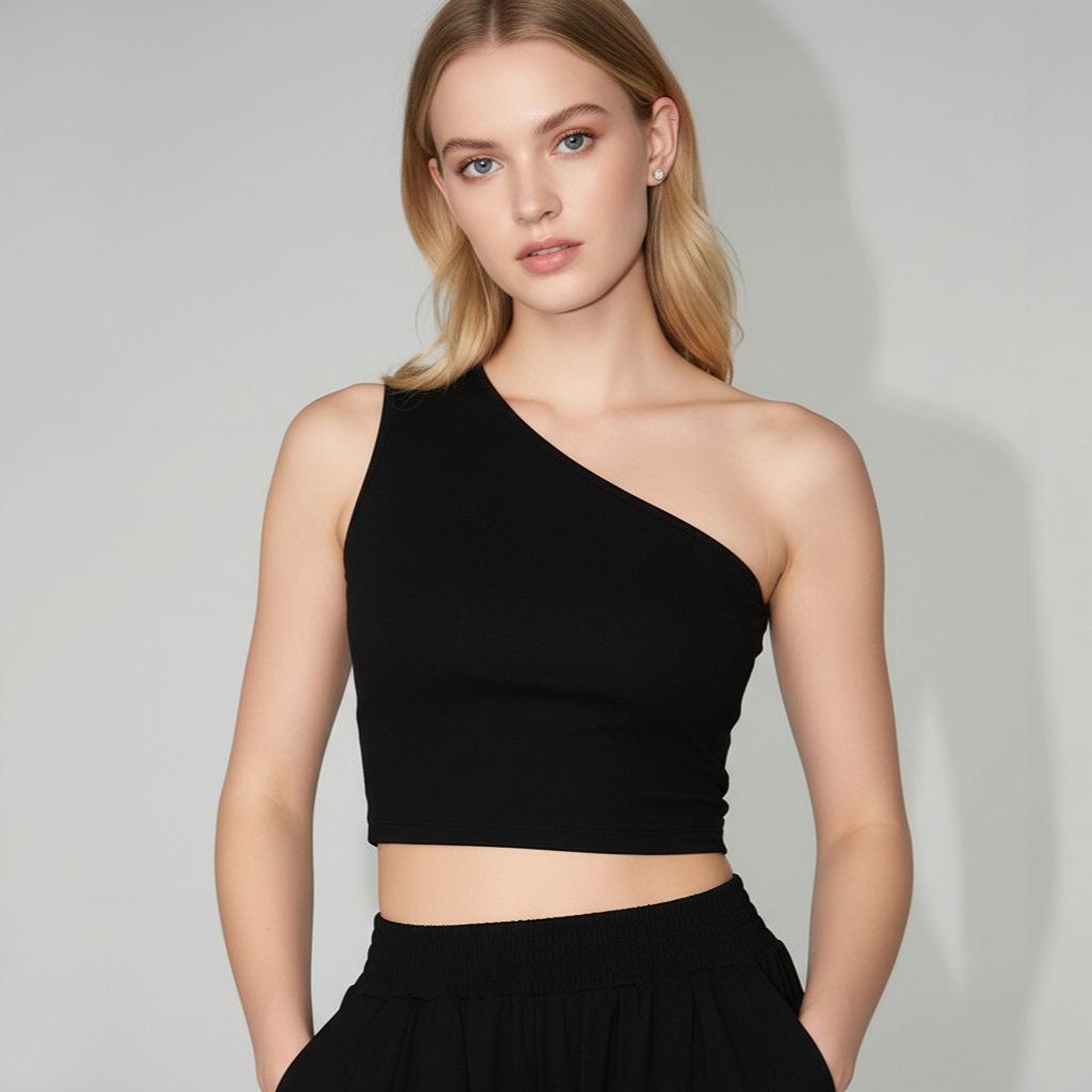 Irregular One-Shoulder Short Knit Crop Top - Women's Niche Fashion