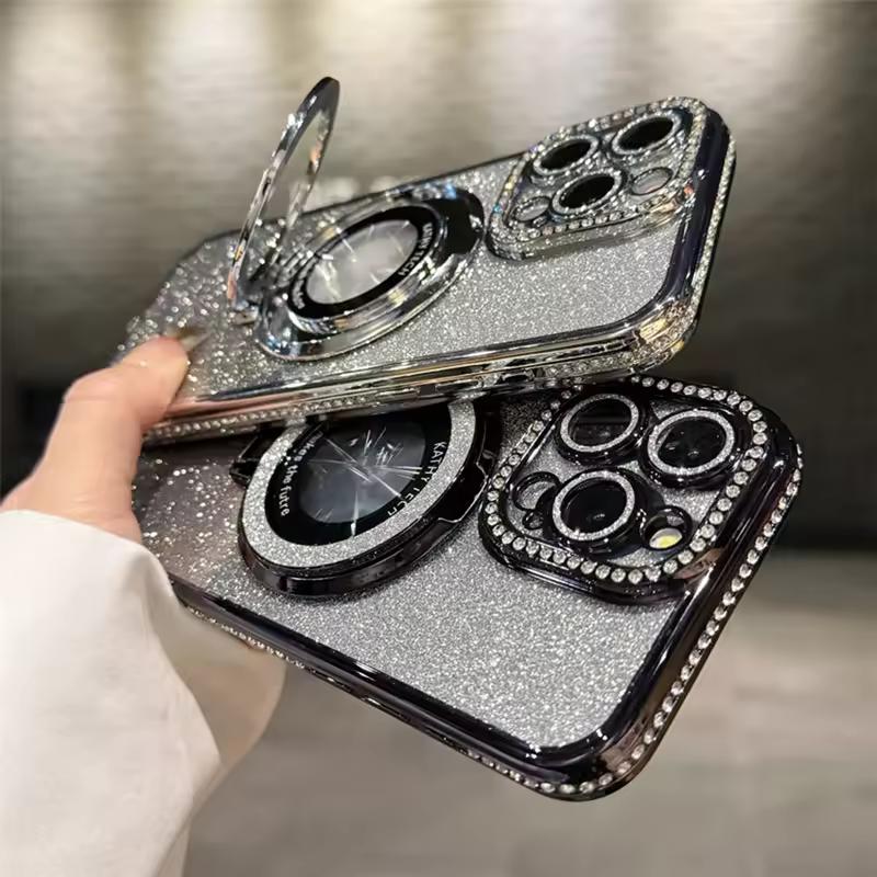 Luxury Soft Silicone Diamond Magsafe Case For iPhone 17 Air Magnetic Stand Holder Glitter For iPhone16 Plus 15 12 13 14 Pro Max Cover