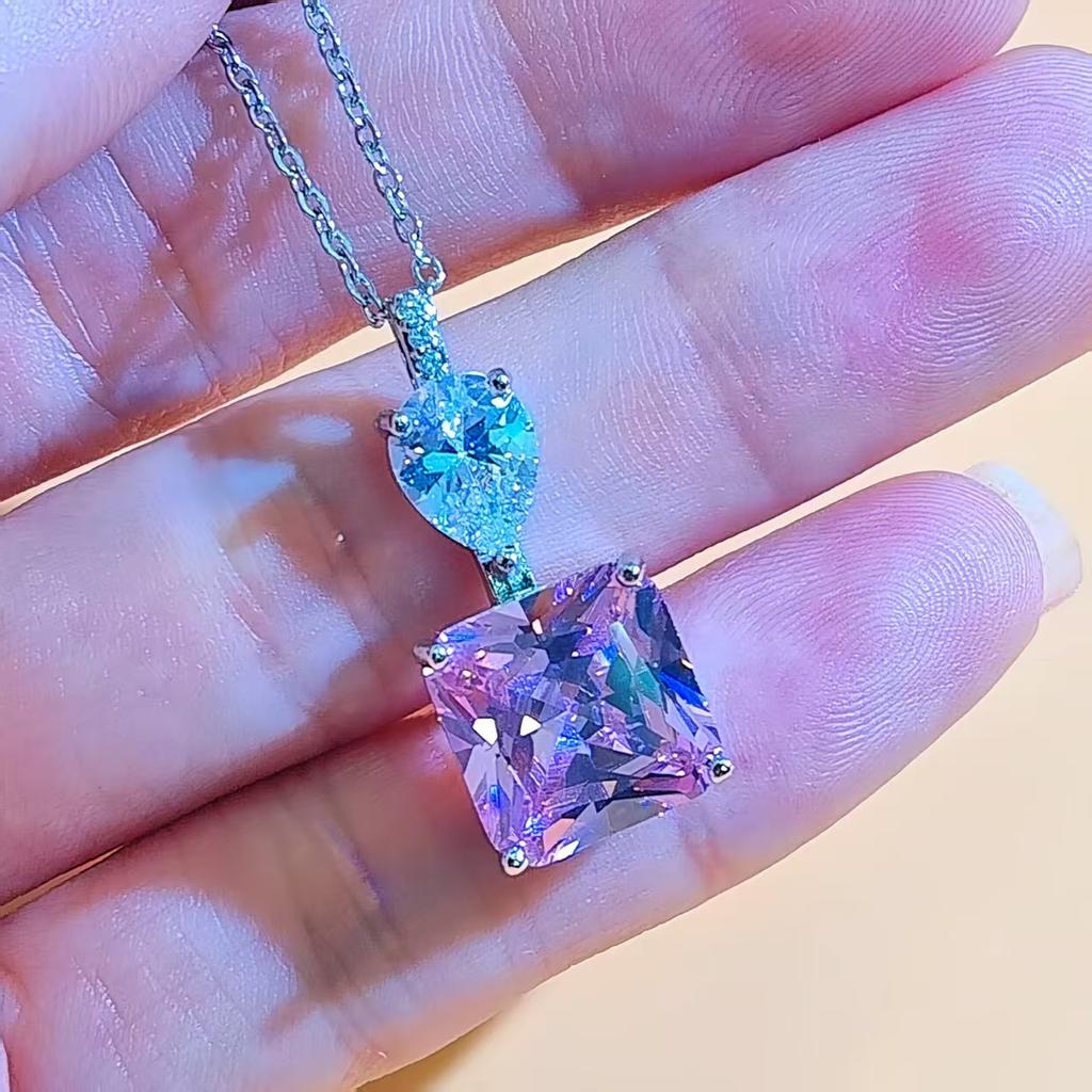 Accessories Fashion Princess Pendant Clavicle Chain 12*12 Colored Jewel Red Diamond Pink Diamond Sugar Cube Necklace