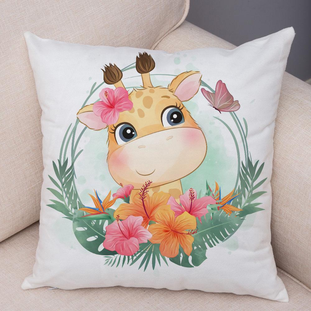 Cartoon Bird and Leaves Pillow Case Decor Cute Animal Lion Cushion Cover for Children Room Sofa Home Plush Pillowcase 45x45cm