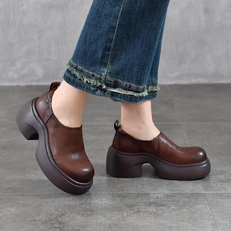 Johnature Lightweight Thick Soled Genuine Leather High-heeled Pumps Versatile Round Toe Women's Platform Shoes