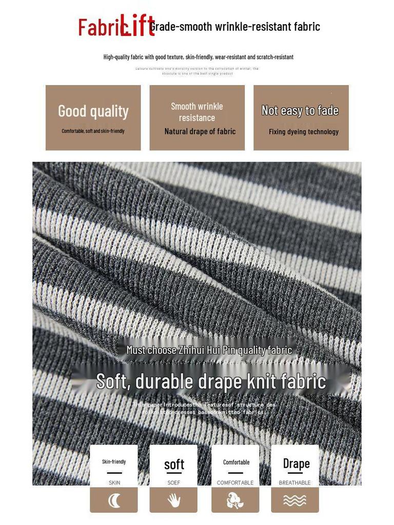 High-Waist Retro Striped Wide-Leg Pants with Drawstring - Women's Casual Floor-Length Knit for Autumn and Spring