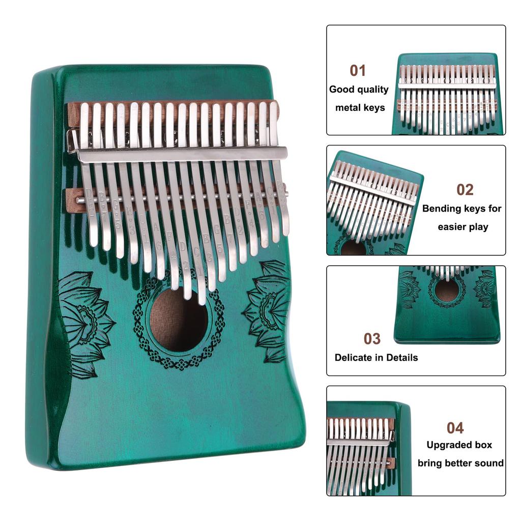 Uxcell 17-Key Thumb Piano, Blue Mini Portable Finger Piano with Solid Koa Wood Floral Handrail, Tuning Hammer, and Music Notebook, Gift for Adults