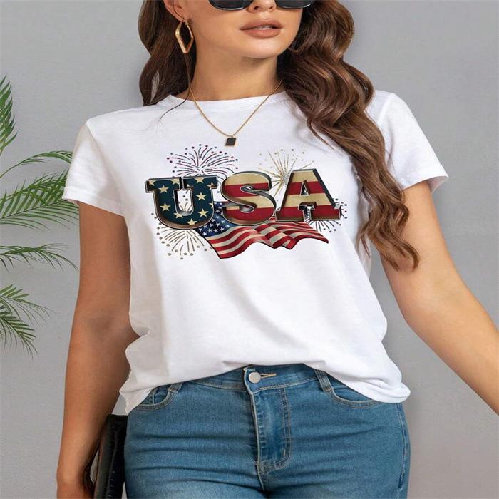 Maglietta estiva girocollo stampata, alla moda, casual, carina, a maniche corte, da donna, in puro cotone