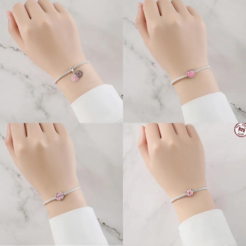 Anniversary Copper Charms Pink Flower Heart Beads Fit Bracelet Necklace Bead Jewelry Making Fine Jewelry Gift