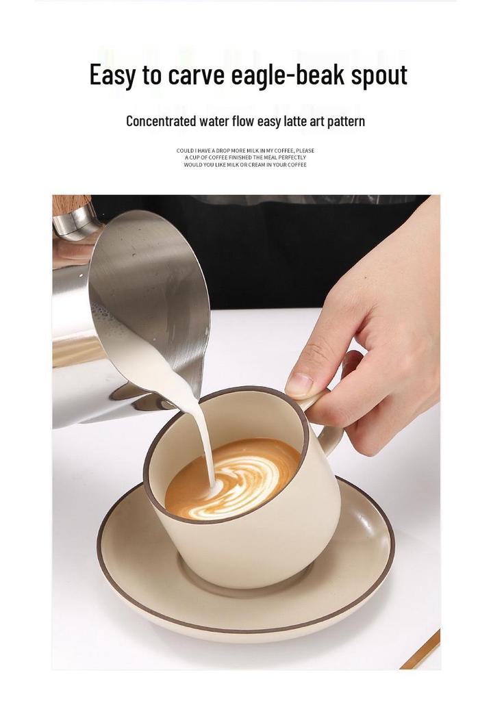 Stainless Steel Latte Art Cup with Wooden Handle and Scale - Thickened Milk Frothing Cup with Pointed Spout for Coffee Art