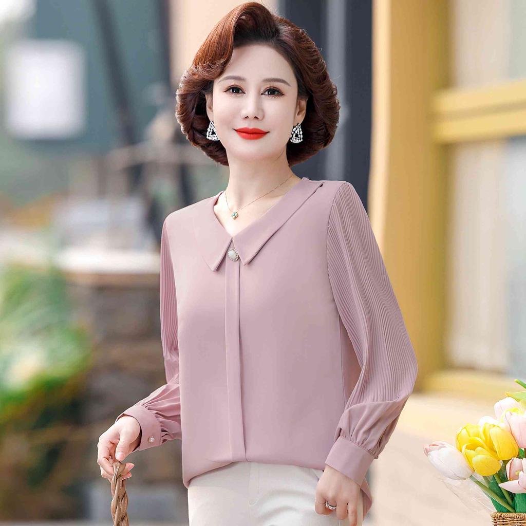 Mom's Spring and Autumn Chiffon Shirt Long Sleeve Middle Aged and Elderly Women's Top Clothes Spring Clothing